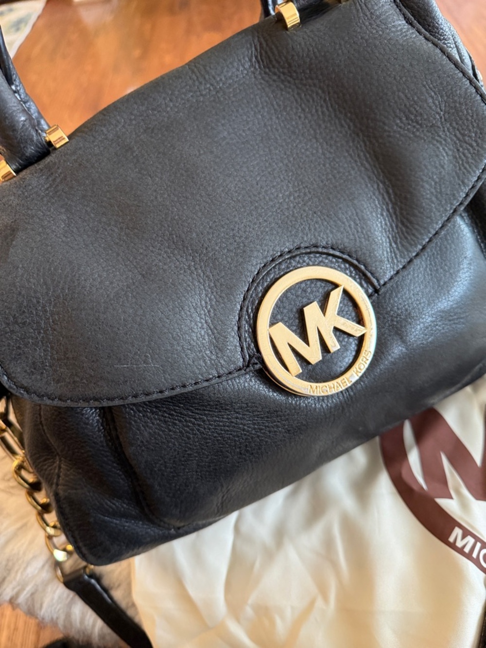 Michael Kors Black Leather Shoulder Bag with Gold MK Emblem